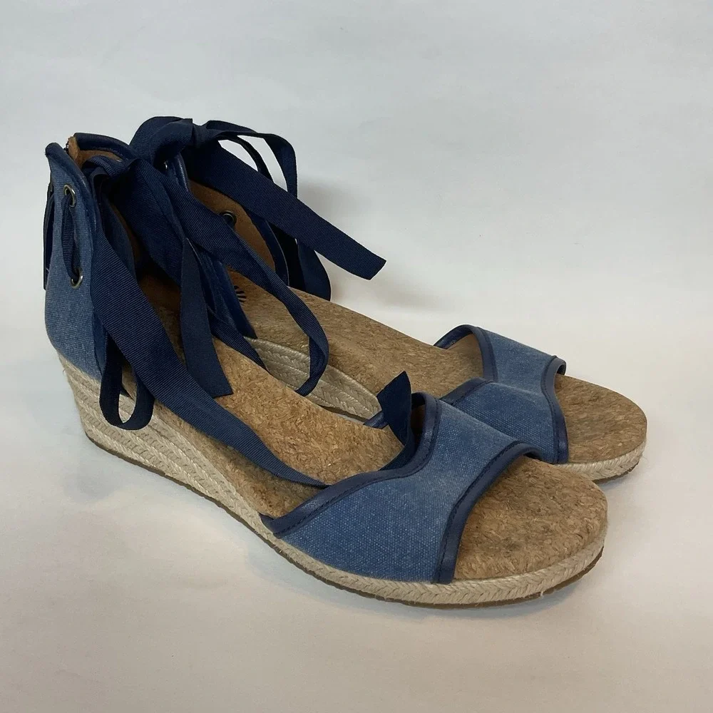 Ugg Amell Espadrille Lace Up Cork Wedge Sandals Open‎ Toe Shoes 9,5 Denim Blue